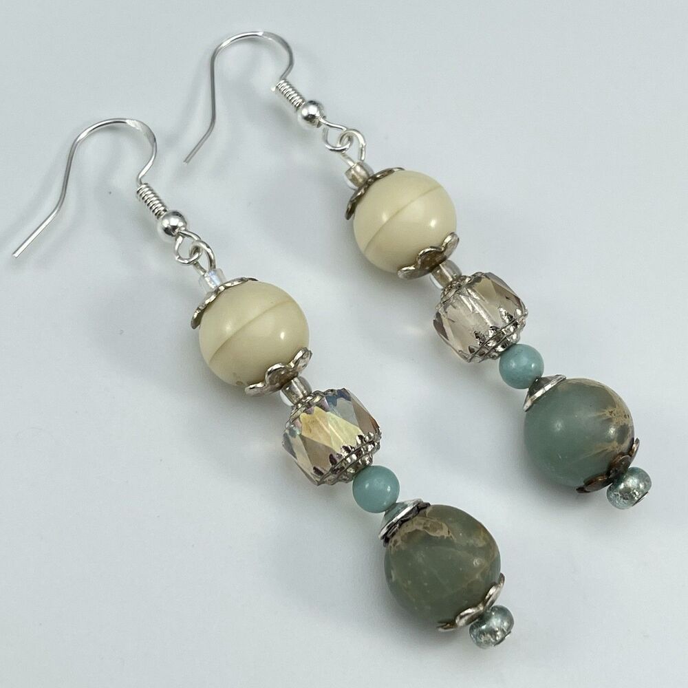 Earrings Sterling Silver Plated Jasper Stone Crystal Beaded Dangle Boho Cute